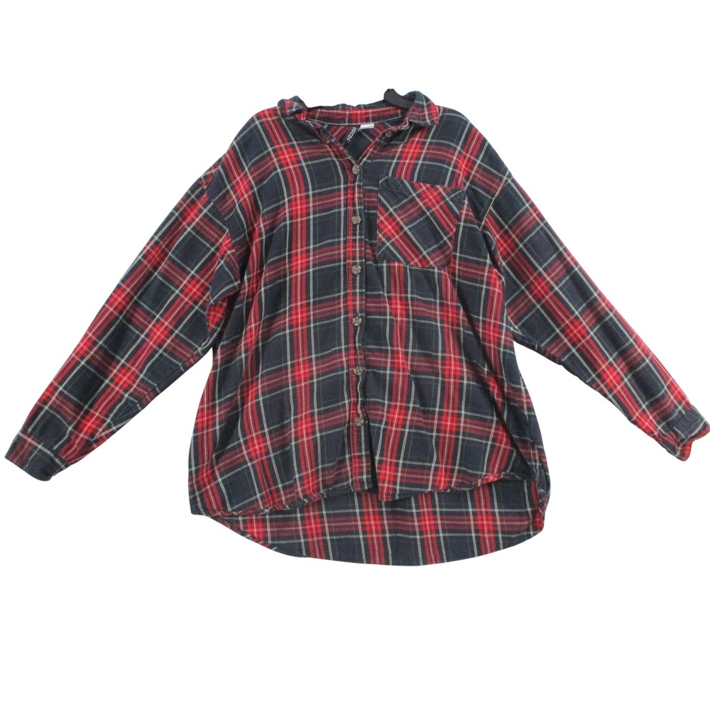 HM Divided Womens XS Red Black Plaid Flannel Button Down Shirt Oversized Cotton